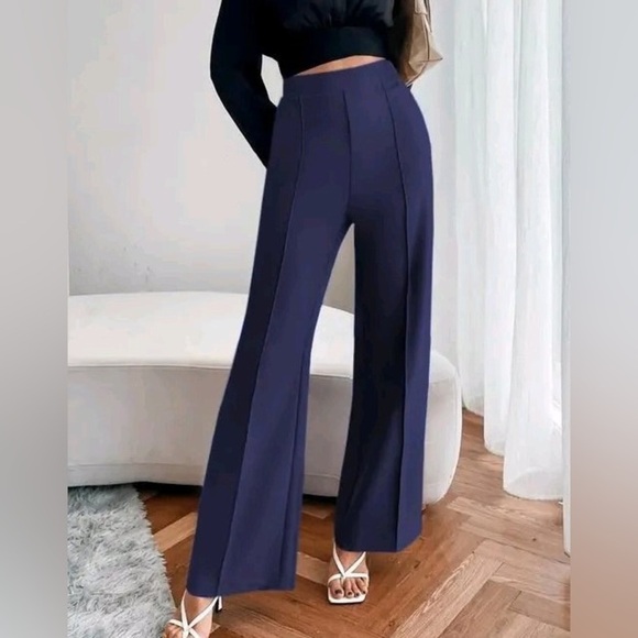 New SHEIN Navy Slim Bootcut Pintuck High Rise Trousers - Picture 1 of 6